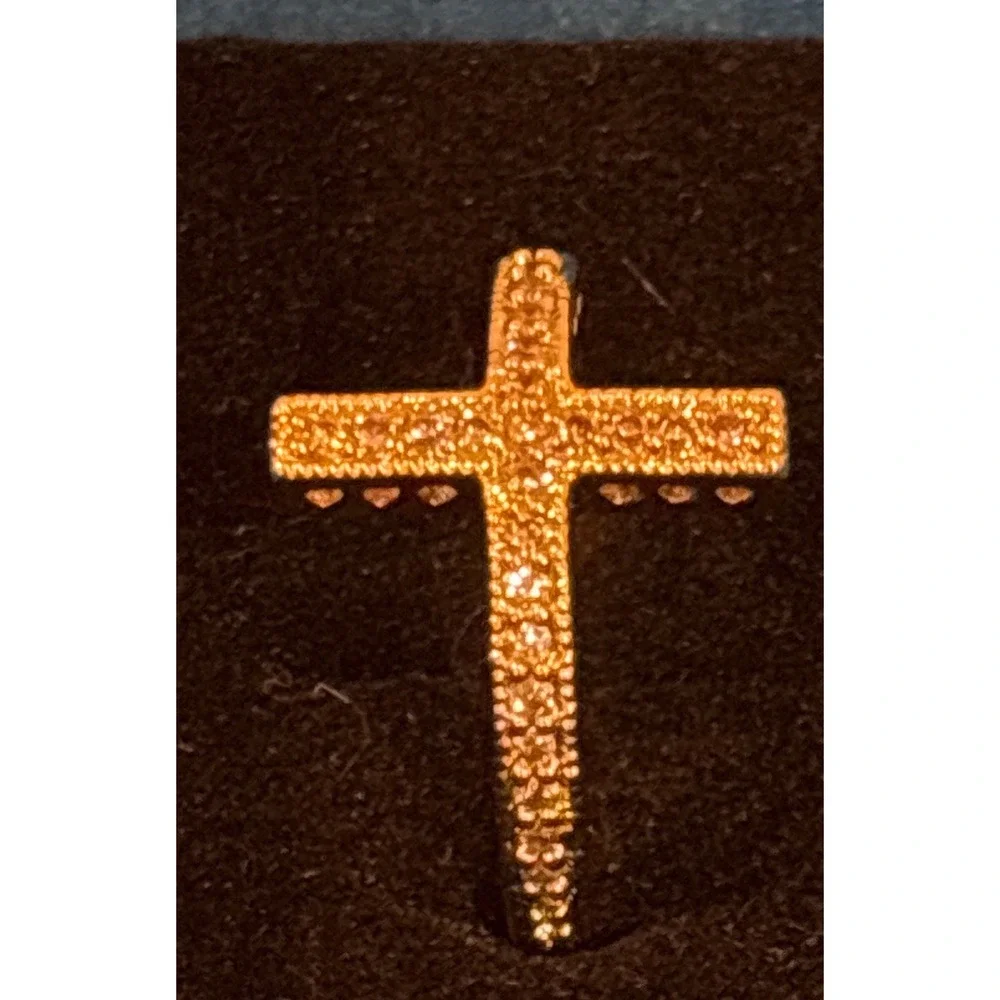 Gold Tone Sideways Cross Pavé Crystal Ring Heart Cutout Detail Statement Jewelry